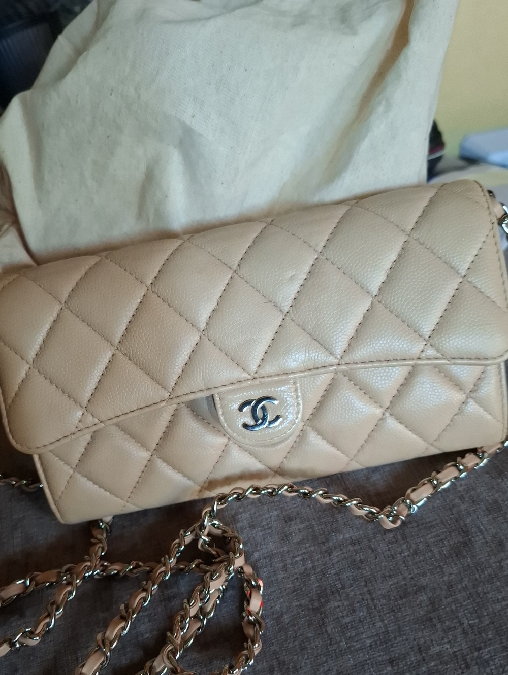 CHANEL Cream Quilted Wallet on Chain with Silver-Tone Hardware